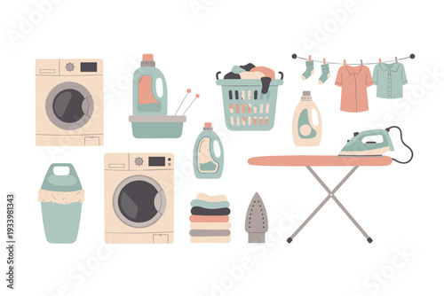 Laundry items and equipment are neatly arranged in a charming, minimalist illustration, showcasing various tools for washing, drying, and ironing clothes.