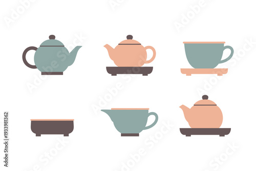 Collection of minimalist teaware illustrations featuring various teapots, teacups, and serving vessels in a harmonious pastel color palette.