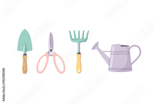 Gardening tools including a trowel, shears, rake, and watering can are neatly arranged in a row, showcasing essential equipment for cultivating plants and maintaining a beautiful garden.