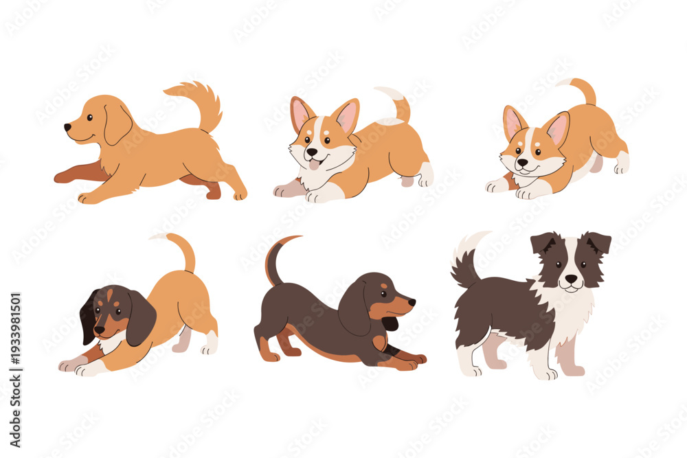 Naklejka premium Six cute playful puppies of various breeds stretching and playing happily, showcasing their adorable and friendly personalities in a charming illustration.