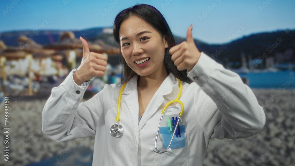 © Krakenimages.com - Smiling young chinese woman doctor with stethoscope gives thumbs up on a beautiful sunny beach, combining medical professionalism and relaxed seaside holiday spirit.