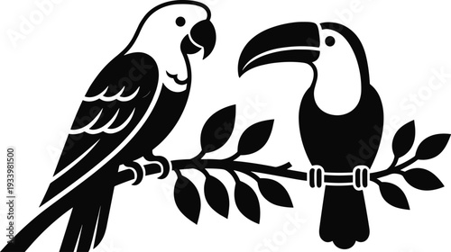 Black and white minimalist vector illustration of a tropical parrot and toucan perched on a leafy tree branch isolated on a white background