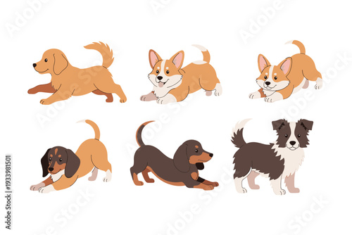 Six cute playful puppies of various breeds stretching and playing happily, showcasing their adorable and friendly personalities in a charming illustration.