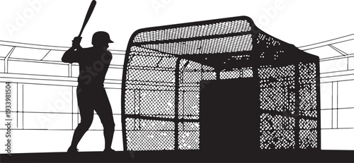 Baseball player practicing swing in batting cage silhouette
