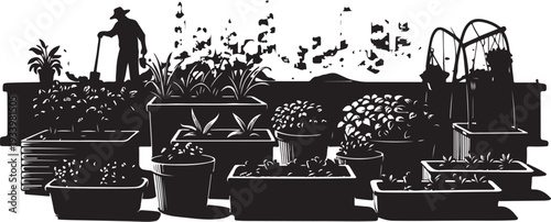 Gardener tending plants in a serene outdoor garden setting