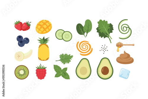 Smoothie ingredients and healthy food items are arranged neatly, showcasing a vibrant collection of fresh produce and superfoods for a healthy lifestyle.