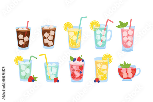 Refreshing cold summer drinks collection featuring various iced beverages with fruit slices, ice cubes, and straws, perfect for a hot day.