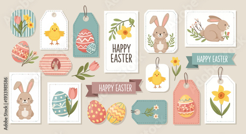 Collection of Easter-themed illustrations featuring rabbits, eggs, and flowers on gift tags from a top-down viewpoint