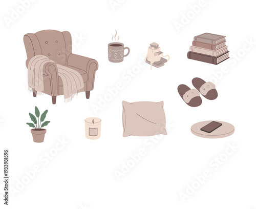 Cozy home comfort items are thoughtfully arranged, featuring a comfortable armchair, books, slippers, and warm beverages for ultimate relaxation.