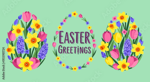Vibrant Easter eggs and floral wreath with Easter greetings message surrounded by colorful flowers