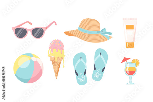 Summer items collection of colorful beach vacation accessories including sunglasses, a straw hat, sunscreen, a beach ball, ice cream, flip-flops, and a refreshing cocktail.