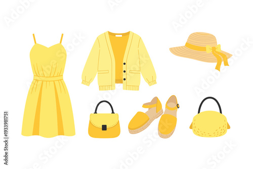 Yellow women's fashion accessories and clothing collection for summer, featuring a dress, cardigan, hat, handbags, and espadrille sandals.