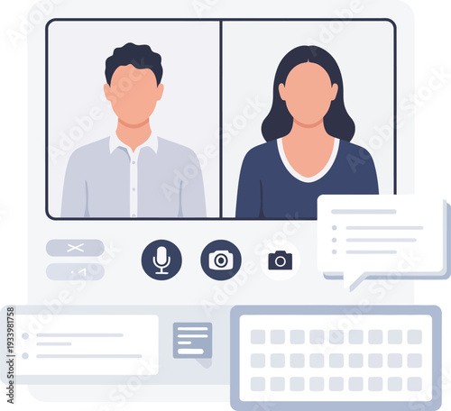 Online Meeting with Two People Chatting and Keyboard on Screen Vector