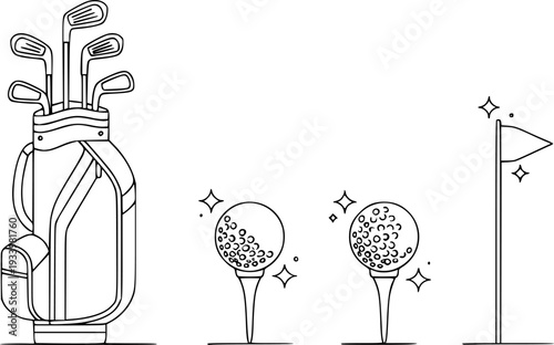 Minimalist Golf Equipment Icon Set - Professional Golf Club, Ball, and Flag Outline Vector