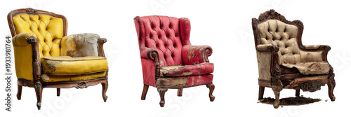 Set of Antique yellow armchair featuring button tufted backrest and curved wooden legs transparent png background. Ai generated