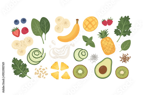 Fresh healthy smoothie ingredients including various fruits and vegetables are beautifully arranged for a vibrant and nutritious meal preparation.