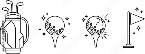 Minimalist Golf Equipment Icon Set - Professional Golf Club, Ball, and Flag Outline Vector