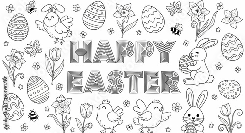 Easter-themed coloring page featuring bunnies, eggs, and flowers in a festive illustration