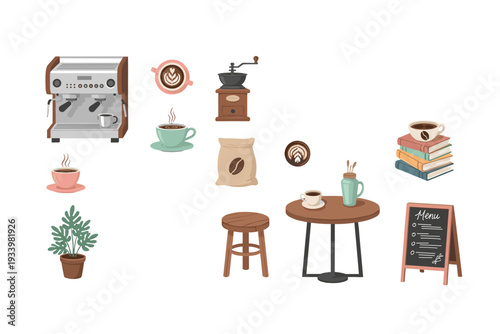 Coffee shop elements and cafe accessories are neatly arranged, showcasing various items for brewing and enjoying hot beverages in a charming collection.
