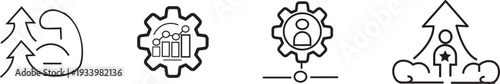 Four black and white gear icons with various symbols