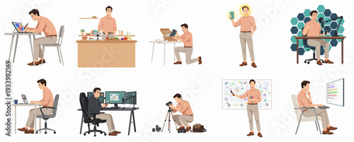 Flat Man Character Doing Different Activities Occupation and Hobby Profession Illustration