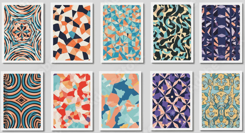 Collection of assorted abstract designs showcasing various geometric patterns and vibrant colors displayed in a grid arrangement