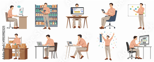 Flat Style Various Businessman Work Task Illustration with Diverse Action Poses