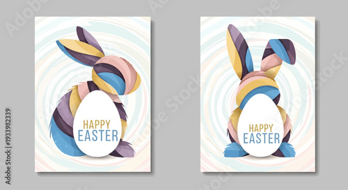 Colorful Easter Bunny Illustrations with Happy Easter Greeting on White Background from Different Viewpoints