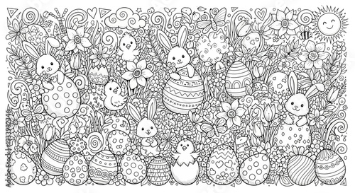 Festive Easter illustration featuring bunnies, eggs, and flowers in a whimsical garden scene from a direct viewpoint
