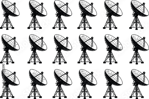 Black and white vector silhouette set of satellite dish antennas for telecommunications space research and global broadcast signals isolated on a white background