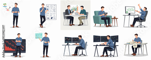 Flat Design Businessmen Analysis Trading Investment and Consulting on Chart Diagram Icon