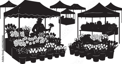 Silhouette of flower market stalls with vendor and blooms