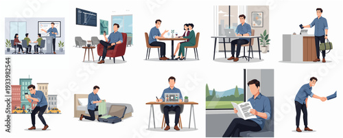 Detailed Flat Character Man in Various Daily Life Activities Illustration Set