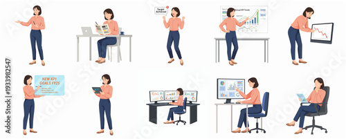 Canvastavla Flat Style Set of Female Character Doing Various Office and Business Activity