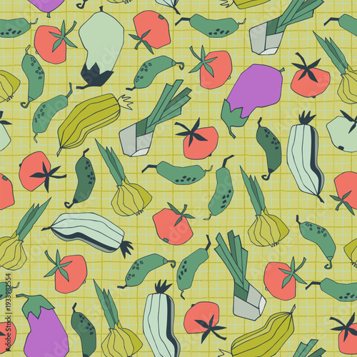Seamless repeating pattern with vegetables. Stylized vector line art. Abstract colorful illustrations on beige background. Healthy food, carbs, veganism concept