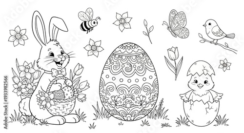 A serene Easter scene featuring a decorated egg, a rabbit, and a chick surrounded by flowers and butterflies.