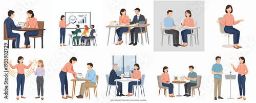 Flat Style Illustration of People in Business and Casual Conversation Scene
