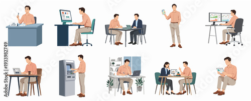 Diverse Flat Style People in Office and Business Scenarios Illustration