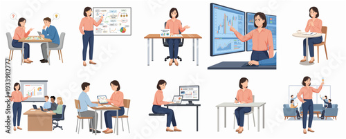 Detailed Flat Illustration of Woman in Various Work Activities and Scenarios