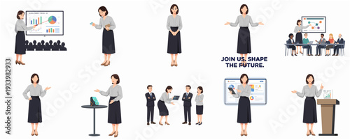 Realistic Corporate Woman Giving Presentation in Various Business Meeting Scenarios Illustration