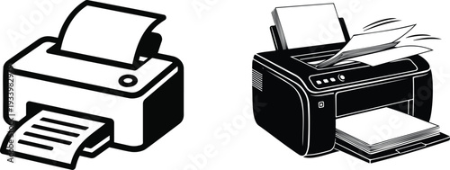 Vector art of a black and white icon of a modern printer with paper coming saddam202