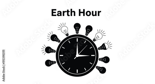 Earth hour vector illustration featuring a clock and light bulbs symbolizing global environmental awareness and energy saving.