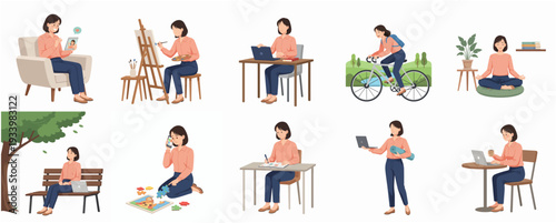Cute Cartoon Set of Woman in Various Activity Isolated Character Illustration