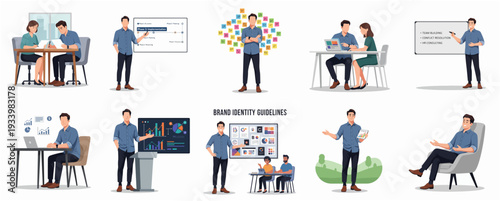 Modern Flat Style Diverse Business People Presenting and Meeting Illustration