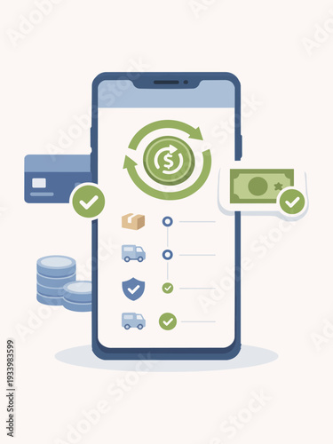 Mobile app refund status vector illustration, online shopping refund tracking screen.