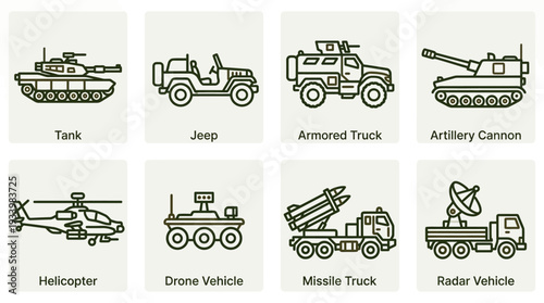 Combat Vehicles Icon Set – Military Illustrations Featuring Tanks, Jeeps, Armored Vehicles, Artillery, Helicopters, and Missile Launchers for Tactical and Defense Graphics