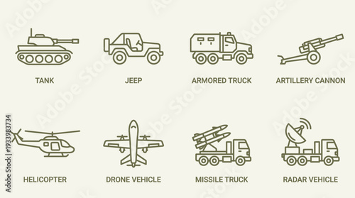Combat Vehicles Icon Set – Military Illustrations Featuring Tanks, Jeeps, Armored Vehicles, Artillery, Helicopters, and Missile Launchers for Tactical and Defense Graphics