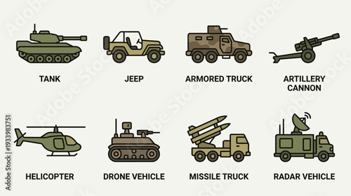 Combat Vehicles Icon Set – Military Illustrations Featuring Tanks, Jeeps, Armored Vehicles, Artillery, Helicopters, and Missile Launchers for Tactical and Defense Graphics