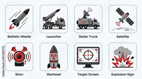 Strategic Defense Icon Set – Military Illustrations Featuring Ballistic Missile, Launcher, Radar Truck, Satellite, Siren, Warhead, Target Screen, and Explosion Sign