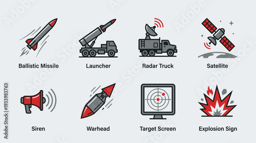 Strategic Defense Icon Set – Military Illustrations Featuring Ballistic Missile, Launcher, Radar Truck, Satellite, Siren, Warhead, Target Screen, and Explosion Sign